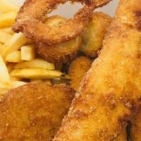 Fried Seafood Combo · 3 Shrimps, 3 Scallops, 3 Crab Sticks, 1 Crab Cake, 1 Whiting Fish and Fries.