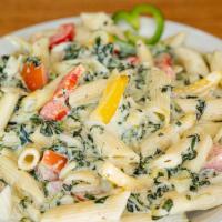Veggie Pasta · Have your veggie friendly tricolor penne rigate covered with a hearty tomato sauce or alfred...