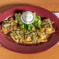 Bacon & Onion Pierogies · Fried potato and cheese pierogies topped with cheddar cheese, caramelized onions, bacon herb...