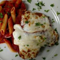 Chicken Parmesan · Breaded lightly fried chicken breast, house made tomato sauce, mozzarella cheese. Served wit...