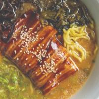Tonkotsu Ramen · pork broth, chashu pork, wood ear mushrooms,  soy marinated egg* & scallion.
