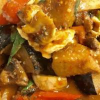 Tofu Eggplant Hot Basil · Spicy. Stir-fried eggplant, tofu, green and red peppers, and onion in spicy hot basil chili ...