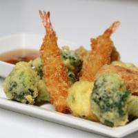 Shrimp & Vegetable Tempura · Shrimp tempura with tempura zucchini, broccoli, and sweet potato.