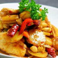 Kung Pao · Our Szechuan style spicy stir-fry with peanuts, water chestnuts, peppers and baby corn. Come...