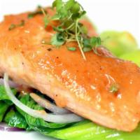 Seared Salmon · Perfectly seasoned served with wok-seared baby bok choy.