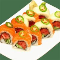 Hoppin Jalapeno · Spicy tuna and cucumber inside, topped with white tuna, salmon, jalapenos