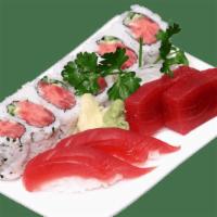 Tuna Lover · 4 pieces salmon sushi, 3 pieces salmon sashimi, spicy tuna roll.