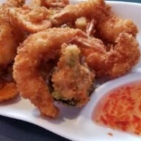 Tempura (Chicken Or Shrimp) · Flowered shrimp or chicken with mixed vegetable fried until golden brown. Served with sweet ...