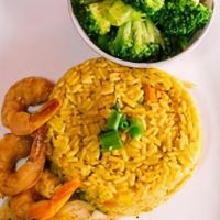 Crab Stuffed Salmon · Served with Fried Rice and sauteed Broccoli