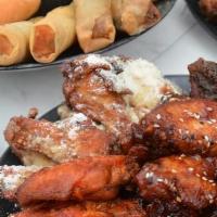 Small  Party Gathering Platter · Includes: 25 Boneless and 25 Bone In Wings with 4 Vegetable Spring Rolls, 4 Cheesesteak Spri...