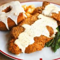 Chicken Fried Steak & Glazed Donut · Seasoned, breaded, and fried sirloin steak with a side of white gravy and our house-made gla...