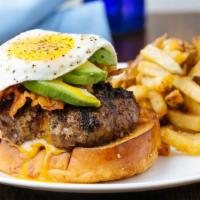 Breakfast Burger With Fries  · Open faced eight ounce burger, fried egg, avocado, bacon, chipotle mayonnaise.