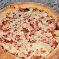 Garlic Chicken Ranch Pizza · Ranch sauce, grilled chicken, bacon bits, garlic, onion, tomatoes, and mozzarella cheese.