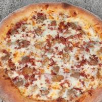All Meat Pizza · Pizza sauce, pepperoni, sausage, Canadian bacon, beef, bacon bits, and mozzarella cheese.