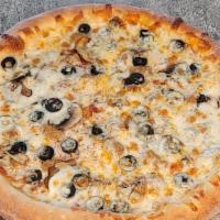 Combination Pizza · Pizza sauce, pepperoni, sausage, mushrooms, black olives, and mozzarella cheese.