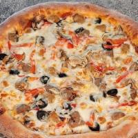 Chef'S Mistake Pizza · Pizza sauce, Canadian bacon, pepperoni, sausage, beef, bell peppers, onion, black olives, mu...