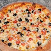Vegetarian Pizza · Pizza sauce, mushrooms, black olives, bell peppers, onions, tomatoes, and mozzarella cheese.