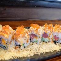 Patriots Maki · Tuna wrapped with cucumber, tempura flakes, topped with torched scallop, Ikura, spicy mayo, ...