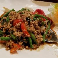 Ga Prow Beef · Stir fried ground beef with hot basil,garlic,bell pepper,onion,jalapeno