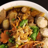Noodle Soup · Rice noodle, choice of meats. tofu, mixed vegetables, bean sprouts and top with fried garlic...