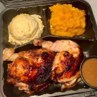 Half Rotisserie Chicken Plate · Half Rotisserie Chicken (white & dark meat) 
+ any two homemade side dishes