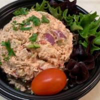 Tuna Salad Supreme Plate · White albacore tuna mixed with mayo, red pepper relish, mayo, celery and red onion on a bed ...