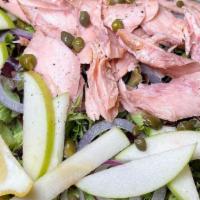 Tossed Salmon & Apple Salad · Gluten free. Flaked smoked salmon, apple, capers, red onion, and honey dill dressing.