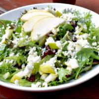 Pear & Pomegranate Salad · Spring mix with pear, dried cranberries, and red onion, tossed in a pomegranate vinaigrette ...