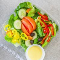 Garden Salad · Iceberg lettuce, romaine lettuce, tomatoes, cucumbers, green peppers, kalamata olives and ca...