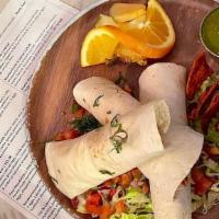 Fish Taco (3) · Crusted cod, red cabbage coleslaw, sweet pepper aioli spread, green salsa, and queso fresco ...
