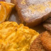 Simple Breakfast · Two eggs any style, two hash browns, French toast or Pancake, with two sausage patties (Chic...
