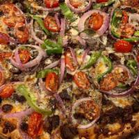 Mediterranean Pizza · Tomato, Feta, Olive, Oregano, Broccoli & Spinach.