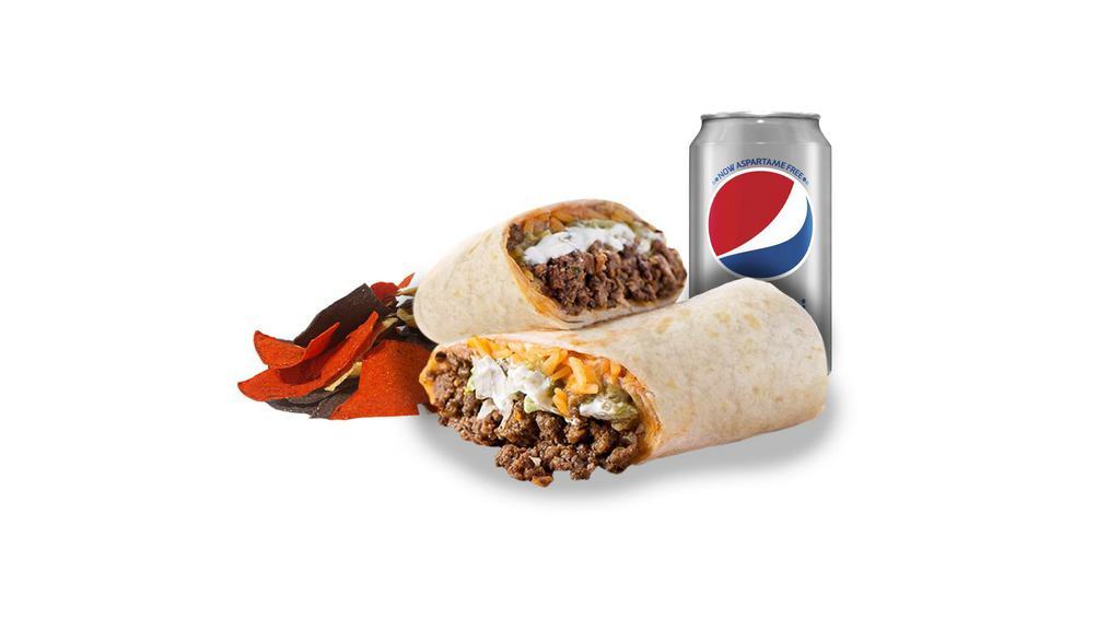 Nacho Burrito · A combo meal served with a drink, side of chips, and a Fat Burrito. With your choice of meat. Containing beans, rice,  Nacho Cheese, Crushed Tortilla Chips, Mexican blend cheese,  and Sour Cream.