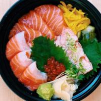 Salmon Sashimi Donburi  · 13 pieces sashimi - an assortment of salmon, king salmon, seared salmon belly & salmon roe -...