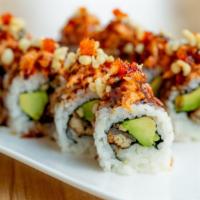 Crunch Roll · Eel & avocado, topped with spicy snow crab, tobiko, tempura flakes & eel sauce.