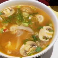 S-4. Tom Yum Talay · Yes, Spicy. Shrimp, mussels, fresh mushroom in hot and sour lemongrass soup.