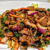 Ss-3. Yum Beef · Don’t Blame me! Spicy. Sliced grilled beef tossed with red onion, cilantro, and seasoned wit...