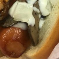 1Up Dog · Topped with Sharp Provolone, sautéed mushrooms, onions & our house made garlic aioli.