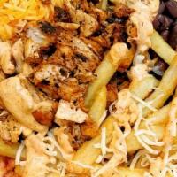 Chicken California Bowl* · Your choice bowl served with grilled chicken, fries, mexican rice, black beans guacamole, pi...