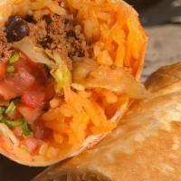 Tex-Mex Burrito* · Ground beef, mexican rice, black beans, pico de gallo, lettuce, cheese, sour cream
