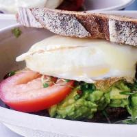 The California Breakfast Sandwich · Two eggs, fresh avocado, tomato, sprouts, and NY sharp cheddar.