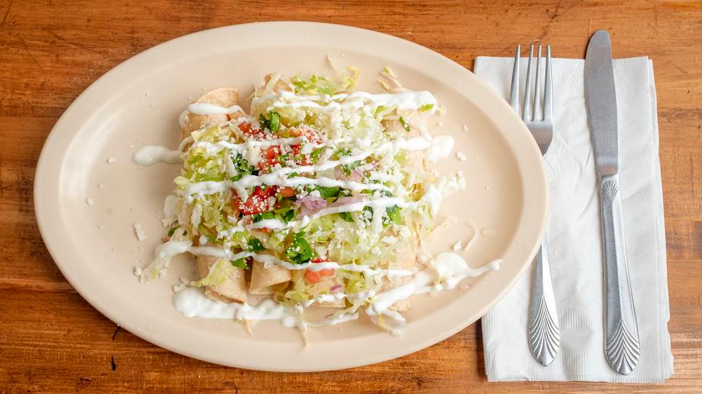 Flautas · 5 Crisped corn tortillas, topped with Fried beans, Lettuce, Cream cheese, Pico de gallo and Guacamole. Stuffed with one choicefrom: Beef/ Chicken/ Cheese/ Potato (Res/ Pollo/ Queso/ Papa).