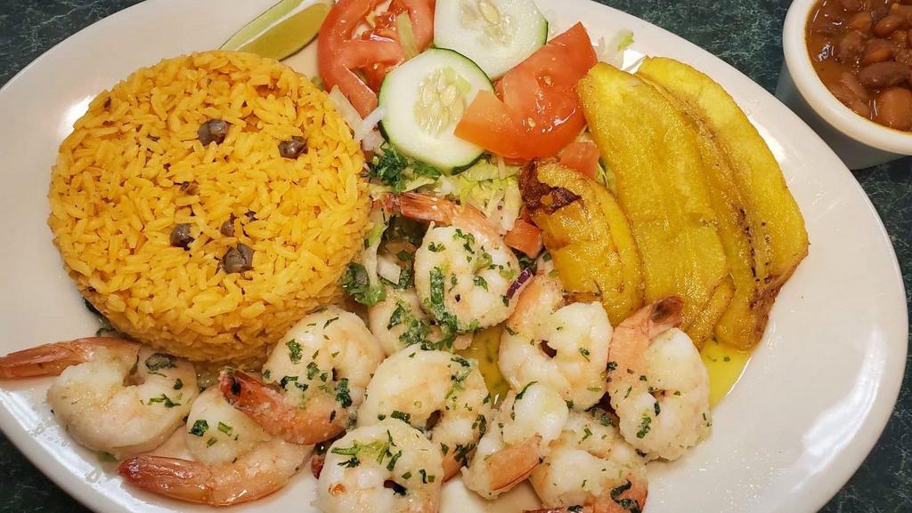 Shrimp Scampi (Camarones Al Ajillo) · 12 Shrimps. Includes Rice, Beans, Salad and Fried plantains.