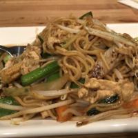 (80.) Lo Mein Krapow (Ground Meat) · Hot & spicy. Stir-fried yellow noodle with bell pepper, onion & thai basil leaf in thai spic...