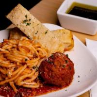 Spaghetti Con Polpette · Spaghetti with Beef Meatballs sauteed in Pomodoro (tomato) sauce. Comes with breadsticks. . ...