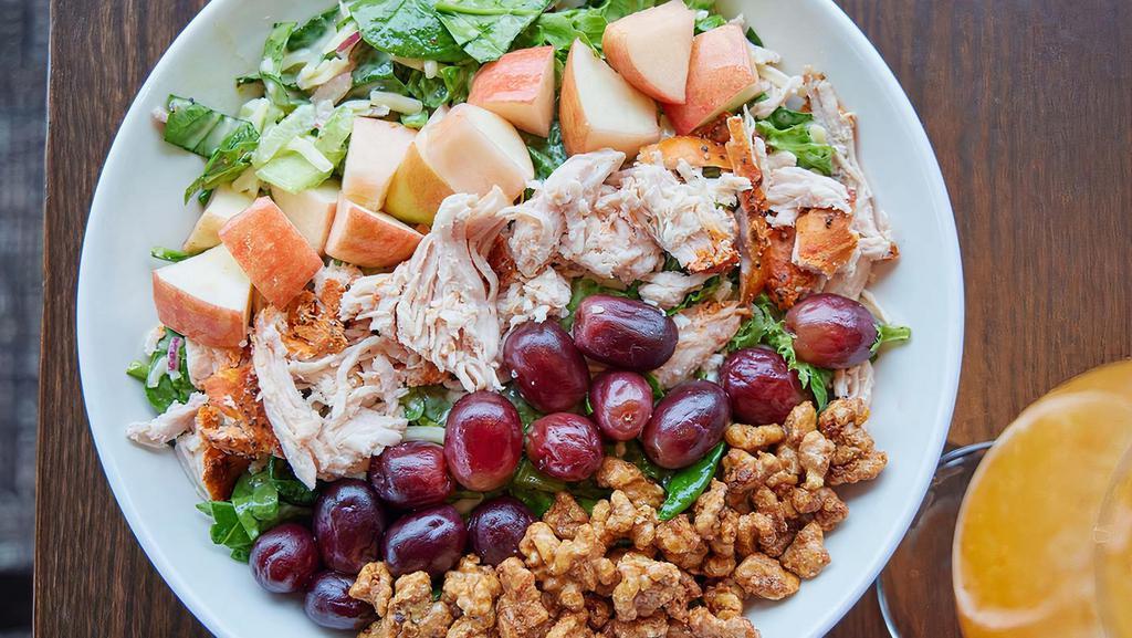 Roasted Turkey Waldorf · pulled Boar’s Head Brand® turkey, mixed greens,
celery, red onion, grapes, apples, cheddar,
candied walnuts, country dressing