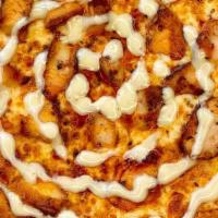 The Buffalo Pizza · Blue cheese spread, cheese blend, grilled chicken, and drizzled with our hot or mild buffalo...