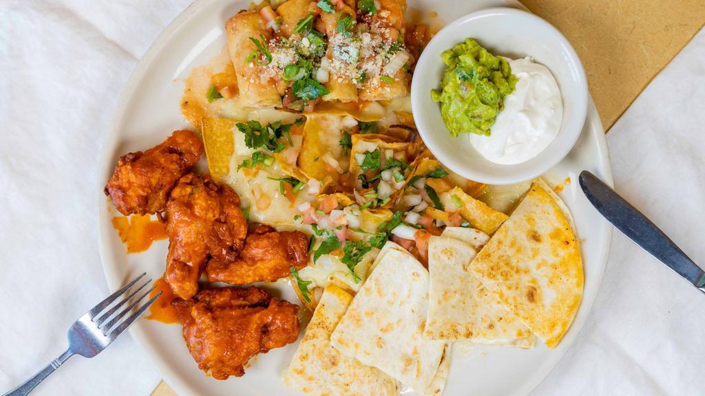 Sampler Platter · Can't decide? Try this mix of taquitos, nachos, cheese quesadillas, and buffalo wings. Topped with pico de gallo, sour cream, and guacamole.
