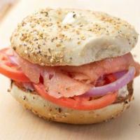 Lox Special · Your choice of bagel with nova lox, cream cheese, tomatoes, onions, and capers.