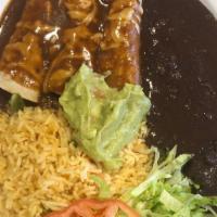 Mexican Enchiladas · Served with rice, refried beans, mole, cream and avocado slice. Beef, chorizo, carnitas or b...